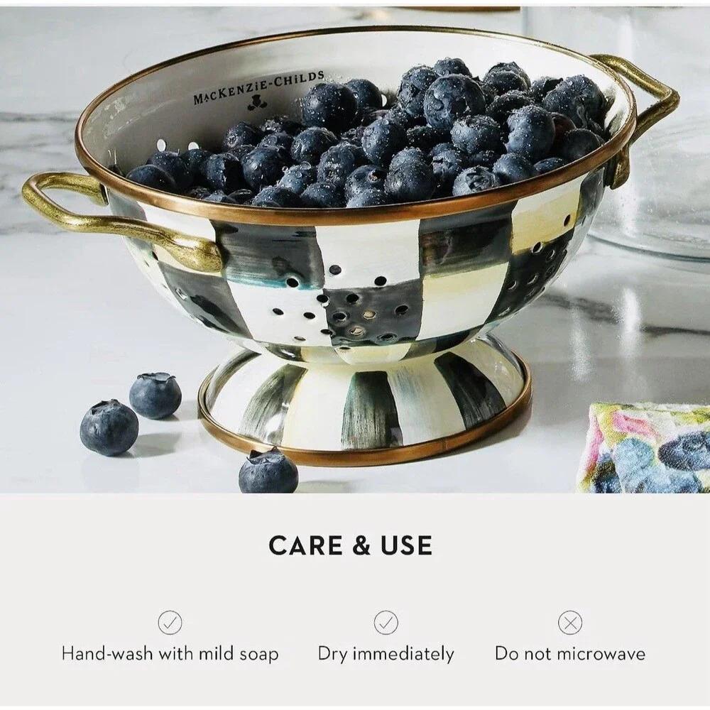 MacKenzie-Childs Courtly Check Small Enamel Colander 6.25” 1 Qt Black White